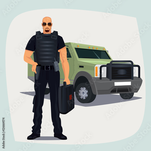 Cash and Valuables in Transit guard man in bullet proof vest, standing with cash or money suitcase. Right hand on holster keeps firearms. Armored vehicle on background