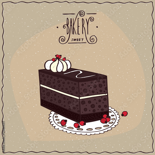 Chocolate coffee cake with layers of biscuit and whipped cream, lie on lacy napkin. Beige background and ornate lettering bakery. Handmade cartoon style