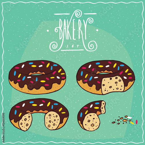 Set of chocolate donuts in different stages of eating, New, One bite, Part of donut, One piece with crumbs. Ornate lettering bakery. Handmade cartoon style