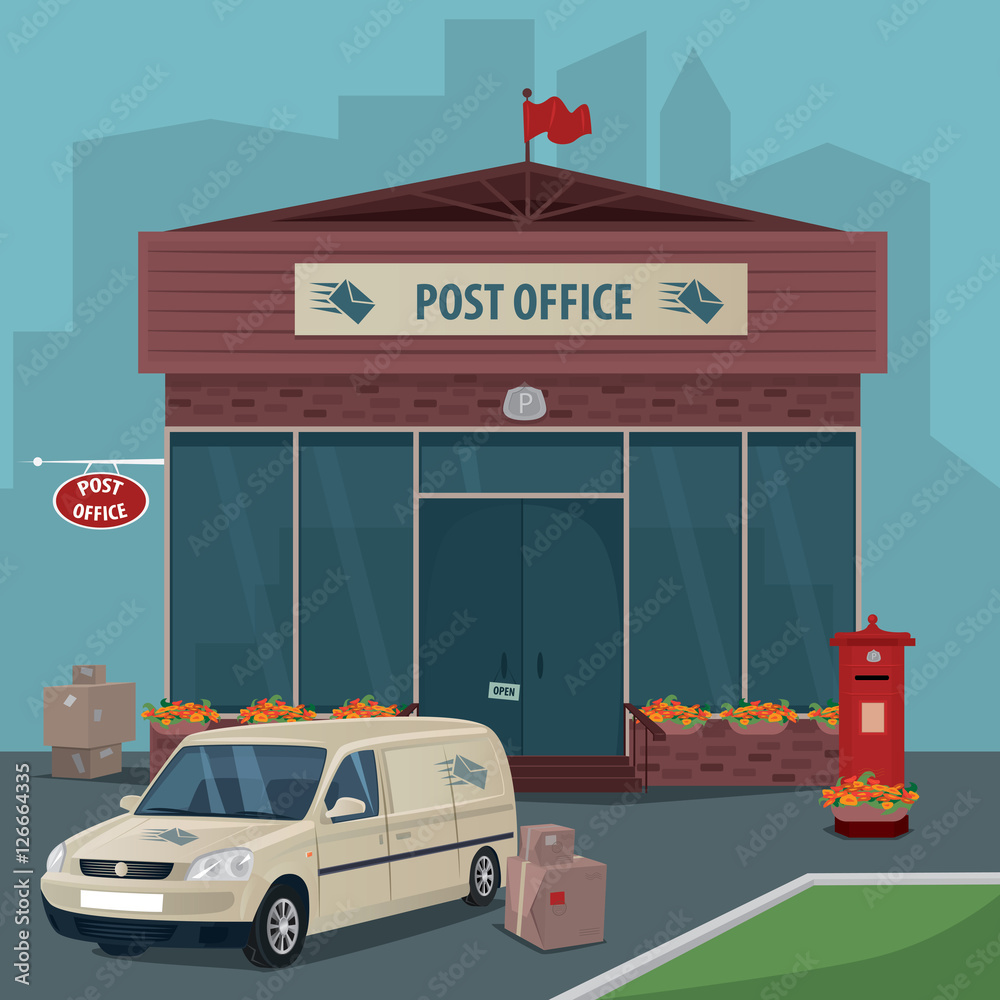 Exterior of modern post office. Near car of postal service, boxes, parcels  and old red mailbox. Flat cartoon style. Express delivery mail concept.  Cartoon style Stock Vector | Adobe Stock