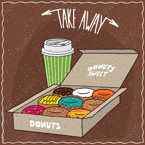 Set of different donuts in carton box and green paper cup of coffee. Take away kit for breakfast concept. Brown background. Handmade cartoon style