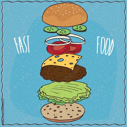 Exploded view of classic cheeseburger with cucumber, onion, tomato, cheese, steak and lettuce. Blue background and lettering Fast food. Handmade cartoon style