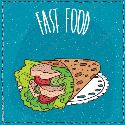 Hungarian fast food with twisted pita looks like gyros, lie on lacy napkin. Blue background and lettering Fast food. Handmade cartoon style