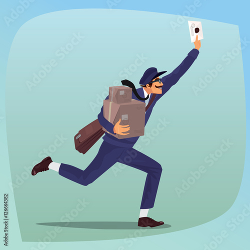 Funny man with mustache working as postman. Runs, with one hand waving a letter, and the other holding boxes and parcels. Express delivery mail concept. Cartoon style