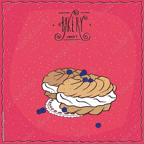Traditional classic French profiteroles with cream, lie on lacy napkin. Red background and ornate lettering bakery. Handmade cartoon style