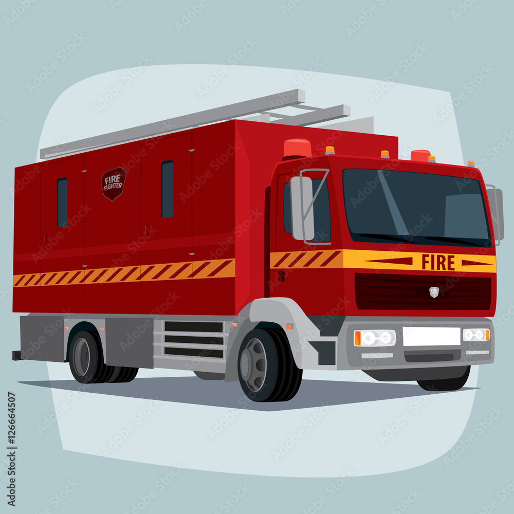Isolated, detailed images of three-dimensional firefighting apparatus, fire engine car, the main device of firefighters, in cartoon style. Side front view Isolated, detailed images of three-dimensional firefighting apparatus, fire engine car, the main device of firefighters, in cartoon style. Side front view