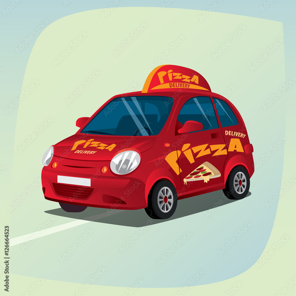 Isolated, detailed three-dimensional image of pizza delivery car, vehicle with distinctive signs, the main device of couriers, in cartoon style. Side front view