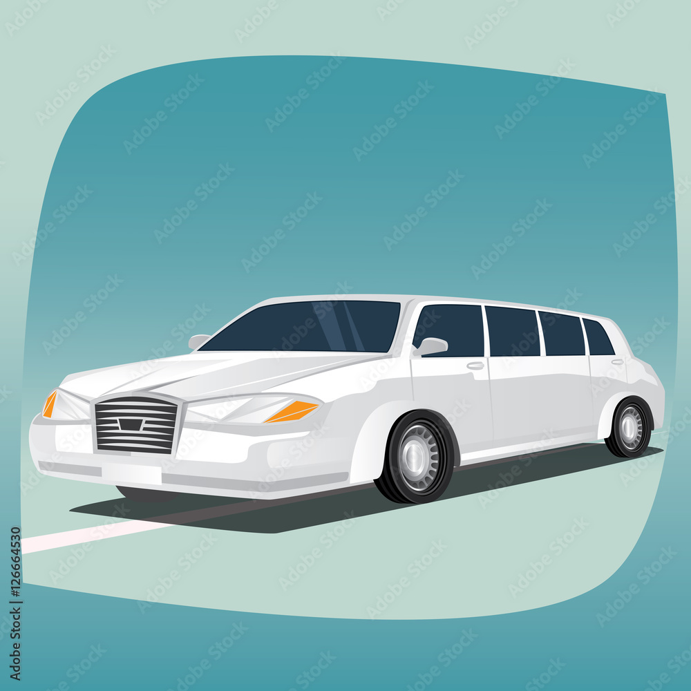 Isolated, detailed images of three-dimensional white limousine, luxury car with lengthened wheelbase, main device of chauffeurs, in cartoon style. Side front view