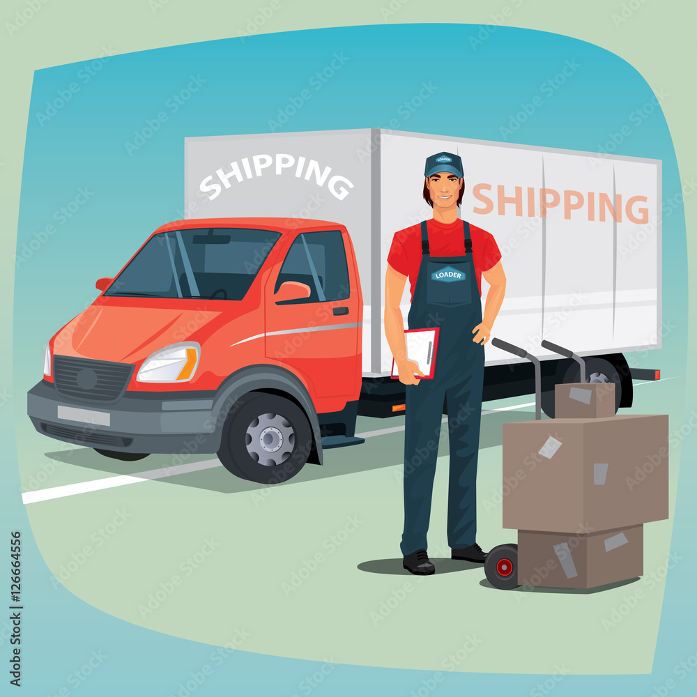 Young man in jumpsuit standing with clipboard. Nearby hand truck trolley with cardboard boxes. On background box truck or lorry. The concept of delivery or shipping Young man in jumpsuit standing with clipboard. Nearby hand truck trolley with cardboard boxes. On background box truck or lorry. The concept of delivery or shipping