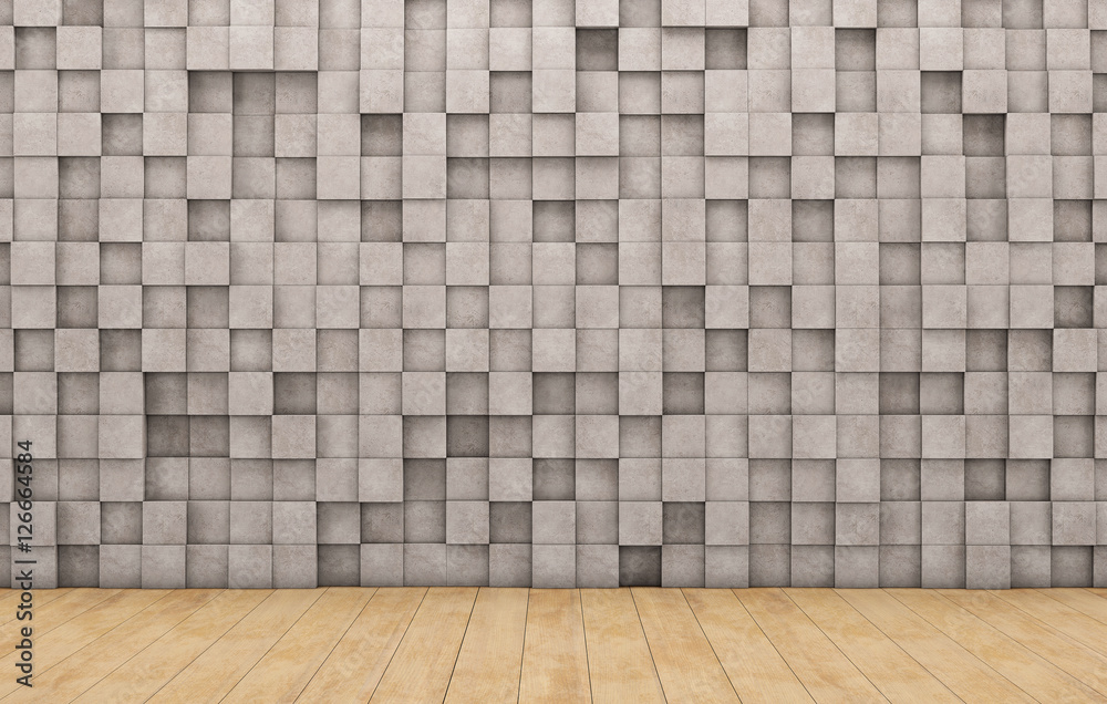 Wall of concrete cubes and wooden floor. 3D rendering