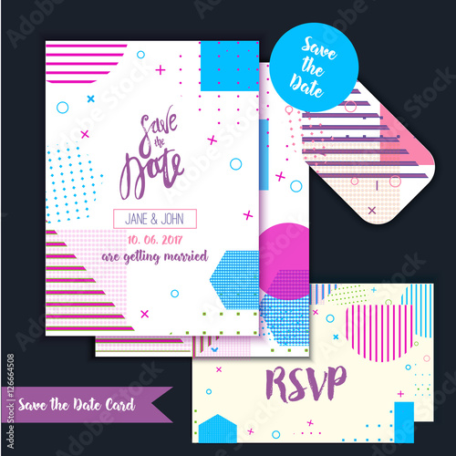 Geometry Save the Date card in modern 1980s with menu, Rsvp card. Wedding anniversary celebration party invitation design template