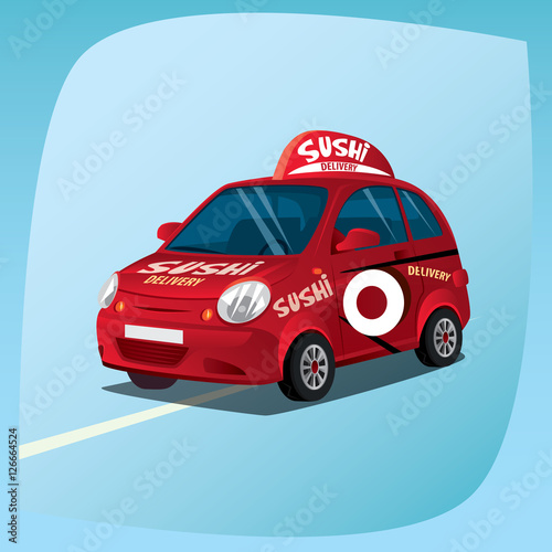 Isolated, detailed three-dimensional image of sushi delivery car, vehicle with distinctive signs, the main device of couriers, in cartoon style. Side front view