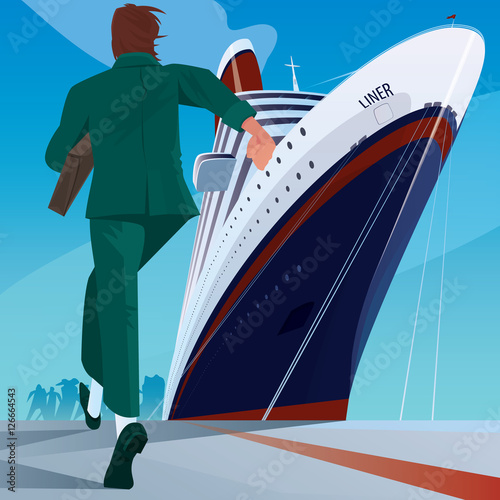 Young adult man in a business suit at the dock running to big cruise ship. Missing or late concept
