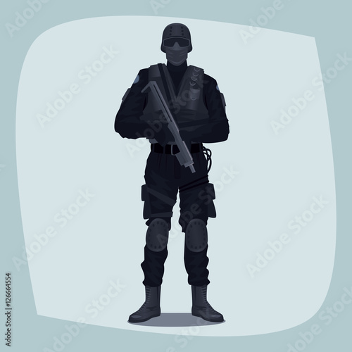 Special Law Enforcement Unit, man of Specialized Tactical Team, dressed in Army Combat Uniform and holding automatic firearm. Full face and full body. Cartoon style