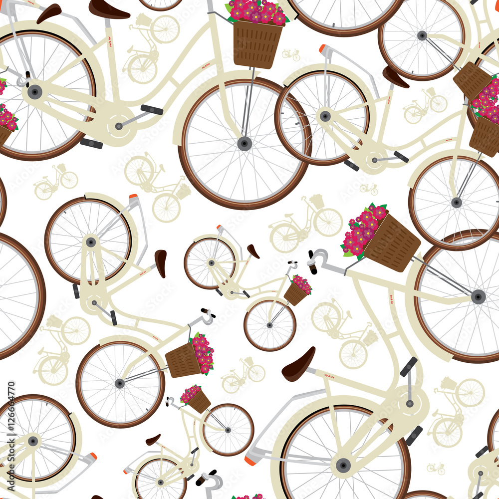 Seamless pattern with detailed city bicycles with a basket on the handlebars. White background Seamless pattern with detailed city bicycles with a basket on the handlebars. White background