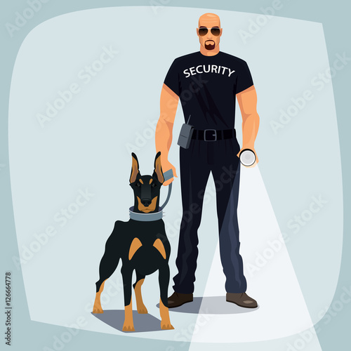 Security officer, bald man of strong physique in black uniform of patrol services, one hand shines flashlight, the other hand holding leash guard dog, like Doberman