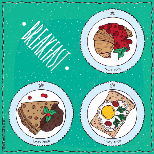 Set of dishes for breakfast. Croissant drizzled with syrup or jam of red berries, toast with fried eggs, pancakes with chocolate. Handmade cartoon style. Top view