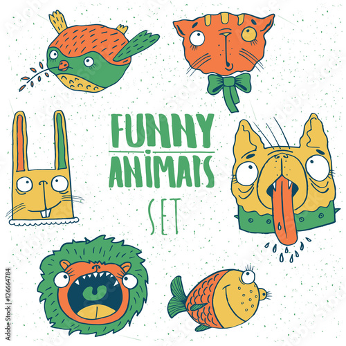 Set of animal emblems in red green tones with bird, cat, dog, fish, lion, rabbit. Handmade cartoon style