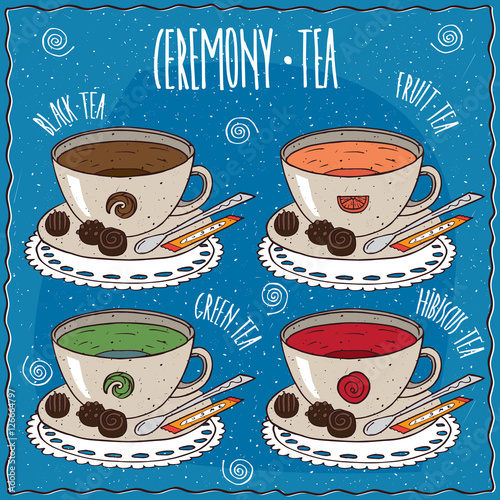 Set of cups with different tea with the names, black, fruit, green, hibiscus, on a lacy napkin. Blue background and lettering Ceremony tea. Handmade cartoon style