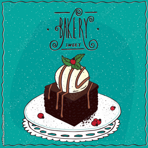 Square brownie with vanilla ice cream, lie on lacy napkin. Cyan background and ornate lettering bakery. Handmade cartoon style