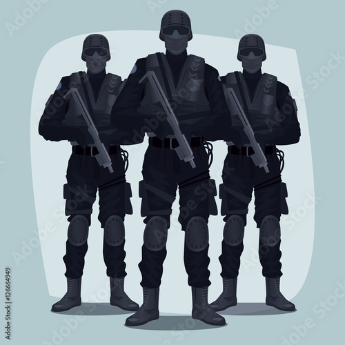 Three people, Special Law Enforcement Units of Specialized Tactical Team, dressed in Army Combat Uniform and holding automatic firearms. Full face and full body