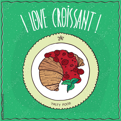 Beautiful croissant drizzled with syrup or jam of red berries, lie on the plate. Top view. Green background. Handmade cartoon style