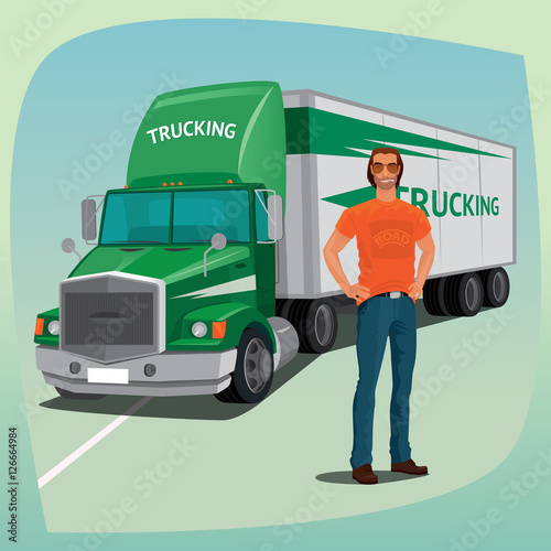 Young unshaved truck driver in full body. In the background cargo transport vehicle, box truck or lorry, with streamlined cab. Concept trucking or shipping