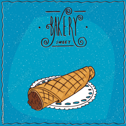 Wafer rolls with condensed milk, lie on lacy napkin. Blue background and ornate lettering bakery. Handmade cartoon style