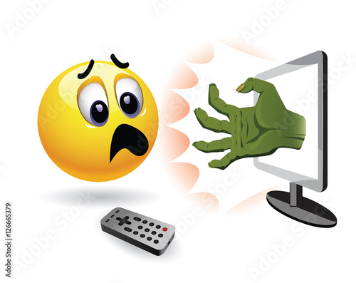 Smiley ball watch horror movie. Zombie hand coming out of TV in front of stunned and frightened smiley. 