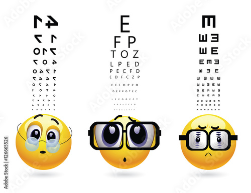 Smileys with different types of glasses on eye examination. Medical eye test and diopter determination.