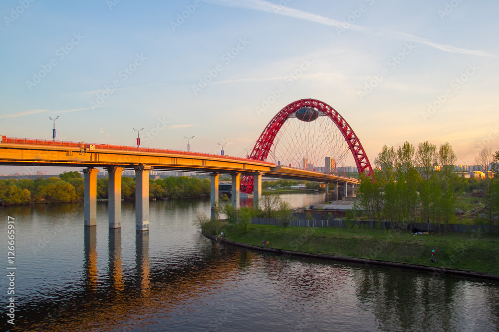 Picturesque bridge - arch, steel cable-stayed bridge across the Moscow river, is located in the West of Moscow