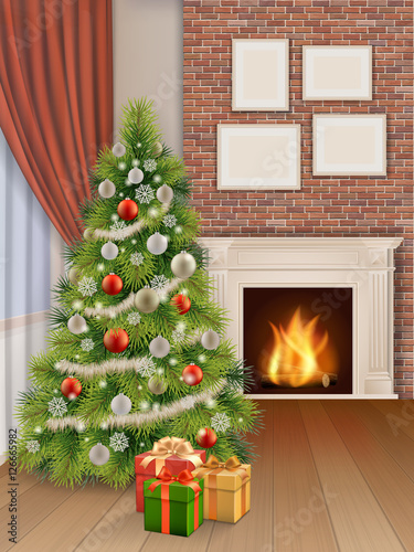 Interior of living room with fir tree, classic fireplace and gift boxes. Vector realistic illustration. Background for Merry Christmas greeting card.