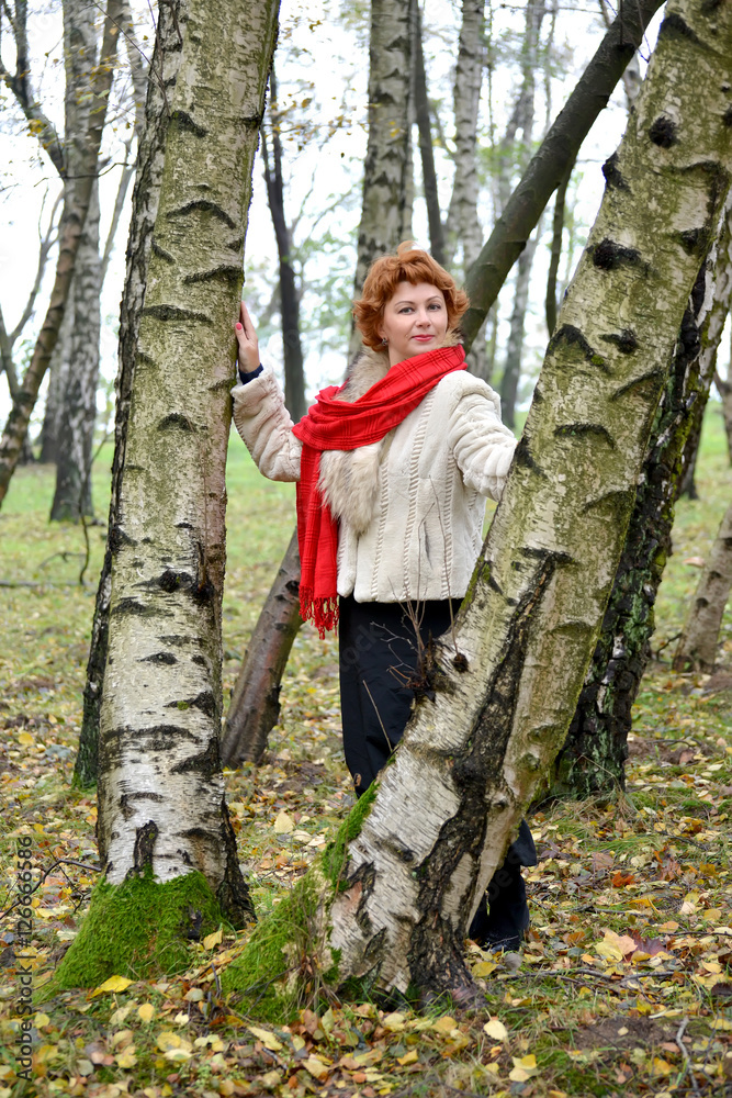 The woman with a red scarf costs among birches in the wood
