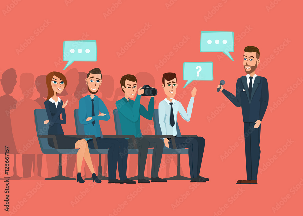 Fototapeta premium Business professional meeting. Journalists and photographers at a of people communicating conference hall. Vector creative illustrations flat design. Worker Man Women