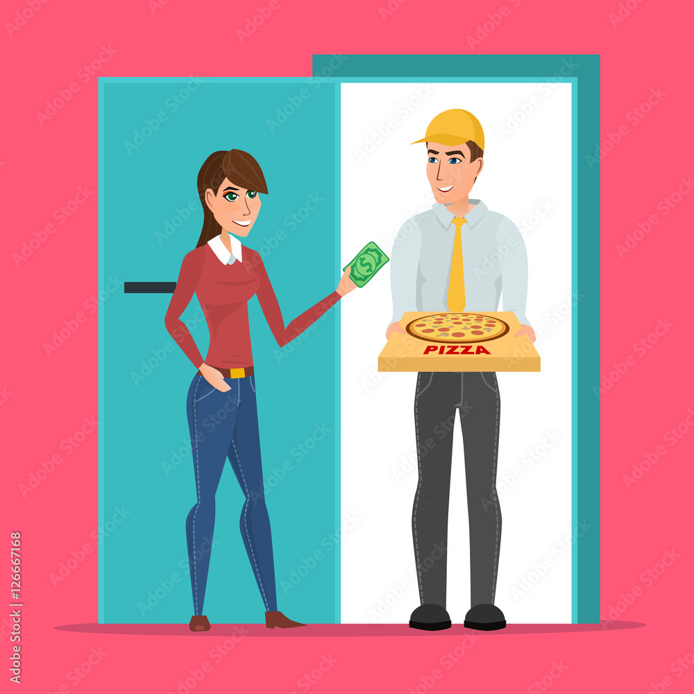 Pizza delivery boy handing pizza box to a beautiful girl at her home. Vector creative color illustrations flat design in flat modern style. Woman giving money for her order.