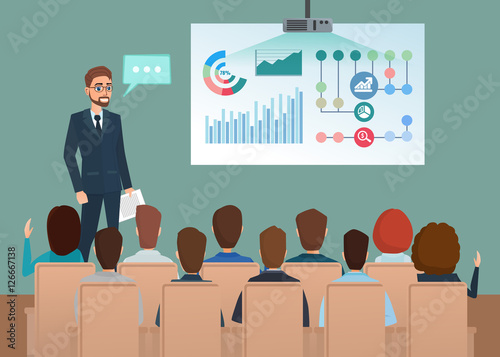 Business professional work team meeting. Man speaks, presentation project. People at the conference hall. Teamwork workplace. Vector creative illustrations flat design. Worker and Women