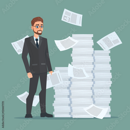 Paperwork and overworked, of an employee engaged in work with documents on the background large stacks of papers. Business concept. Vector creative color illustrations flat design flat modern style.