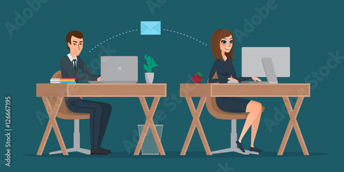 Man and woman at computer monitor. Office correspondence, employees to correspond by mail. Business concept. Vector creative color illustrations flat design in flat modern style.