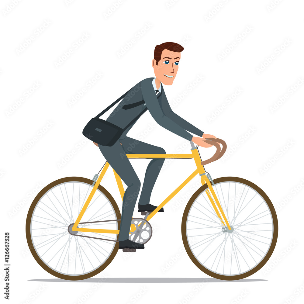 Naklejka premium Simple cartoon of businessman riding a bicycle. Vector Illustration isolated on white background in flat style