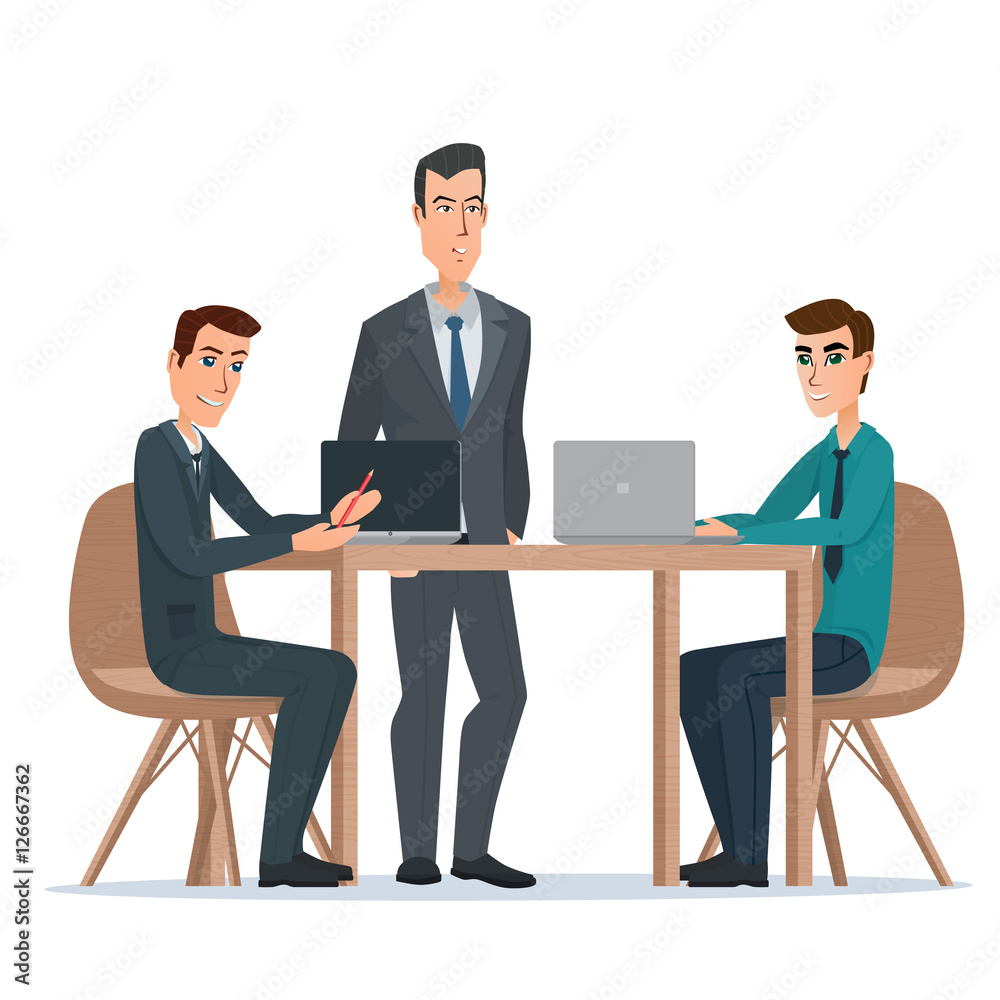 Business man entrepreneur in a suit working on a laptop computer at his clean and sleek office desk. Vector illustration isolated on white background in flat style Business man entrepreneur in a suit working on a laptop computer at his clean and sleek office desk. Vector illustration isolated on white background in flat style