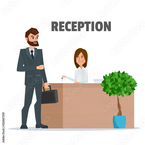 Customer receives a businessman the key at the reception a girl. Reception service hotel desk business office concept in flat style. Vector Illustration isolated on white background in flat style