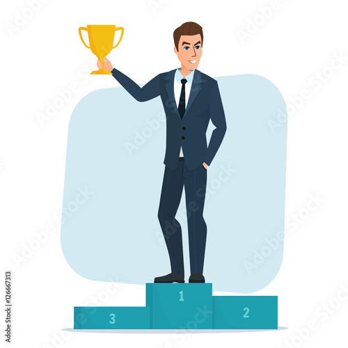 Vector Illustration Success businessman character standing in a podium holding up a trophy as he celebrates his victory vector illustration. Isolated on white background in flat style