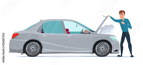 Man having Car Trouble. Car breaks down. vehicle recovery concept. Vector cartoon Illustration isolated on white background in flat style