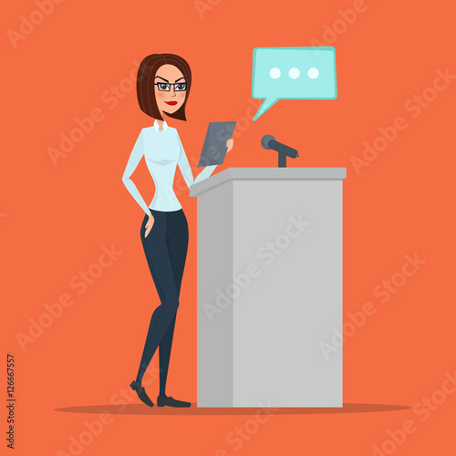 Politician woman standing behind rostrum and giving a speech. Vector creative color illustrations flat design in flat modern style.