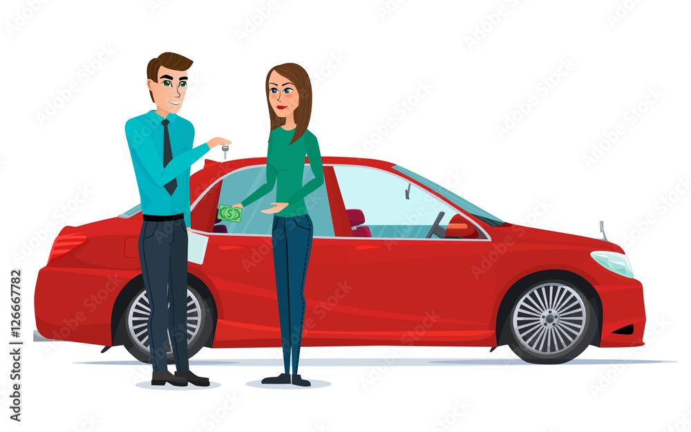 Car Showroom. Manager sells and woman buying a new car. Vector illustration isolated on white background in flat style. Car Showroom. Manager sells and woman buying a new car. Vector illustration isolated on white background in flat style.