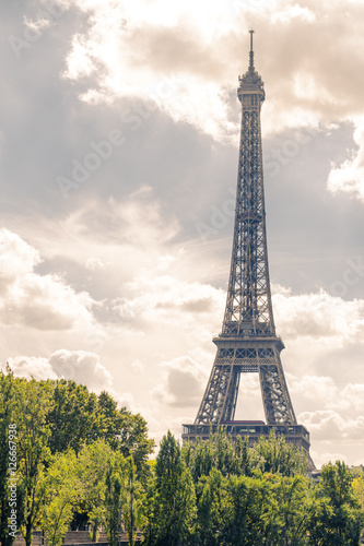 Fototapeta Naklejka Na Ścianę i Meble -  Eiffel Tower. Paris. France. Famous historical landmark on the quay of a river Seine. Romantic, tourist, architecture symbol. Toned