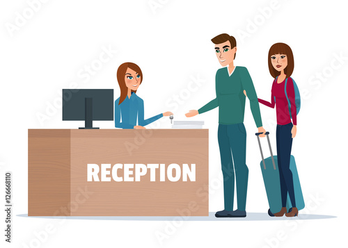 Tourists at hotel reception. Business cartoon concept. Vector illustration isolated on white background in flat style.