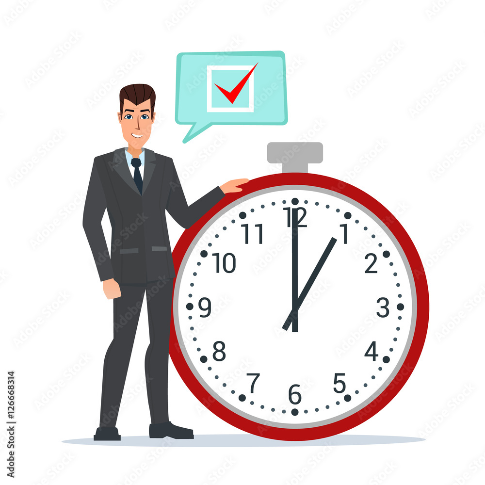 Businessman think on task list, checklist, stopwatch vector illustration. Business plan. Cartoon concept. Vector illustration isolated on white background in flat style.