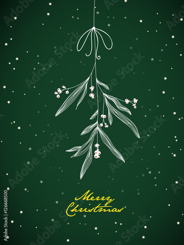 Handwritten Christmas illustration with hanging mistletoe. Night