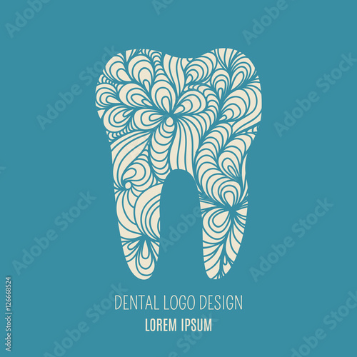 Dental logo design with floral doodle ornament. Tooth symbol. Vector logo design.
